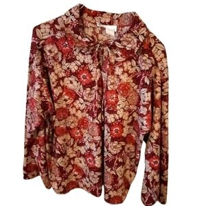 Queen Casuals Red & Tan Flower Design Peasant Style Plus Top with Tie Neck 18